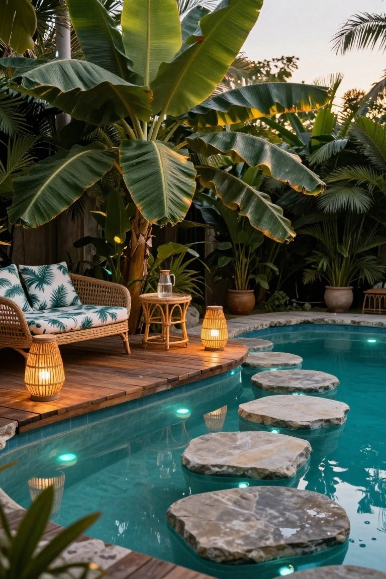 Tropical pool area with wooden deck, rattan lounge chair and side table, woven lanterns, glassware, potted plants, and large flat stepping stones in the turquoise pool lit from underwater, surrounded by lush banana plants.