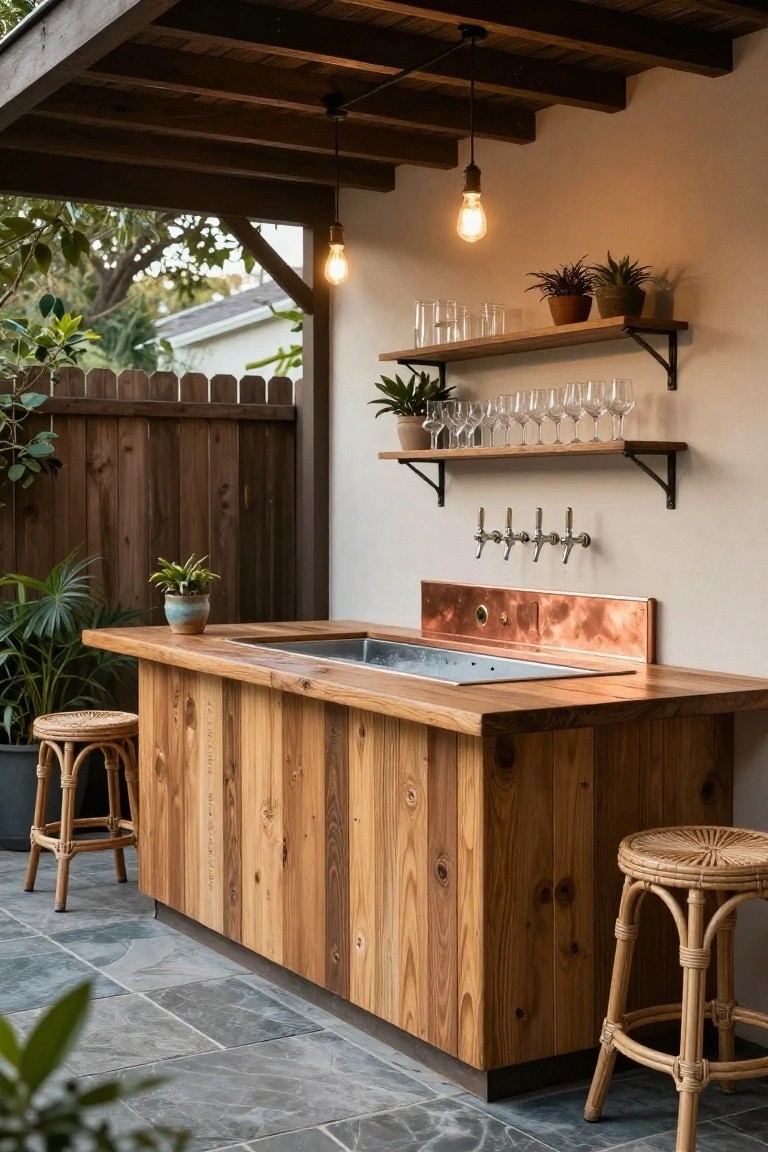 Wooden bar counter outdoors with a metal stock tank sink, four beer taps mounted above, copper backsplash, potted plants, glassware on shelves, rattan stools, and pendant lights under a wooden pergola on a slate tile patio.