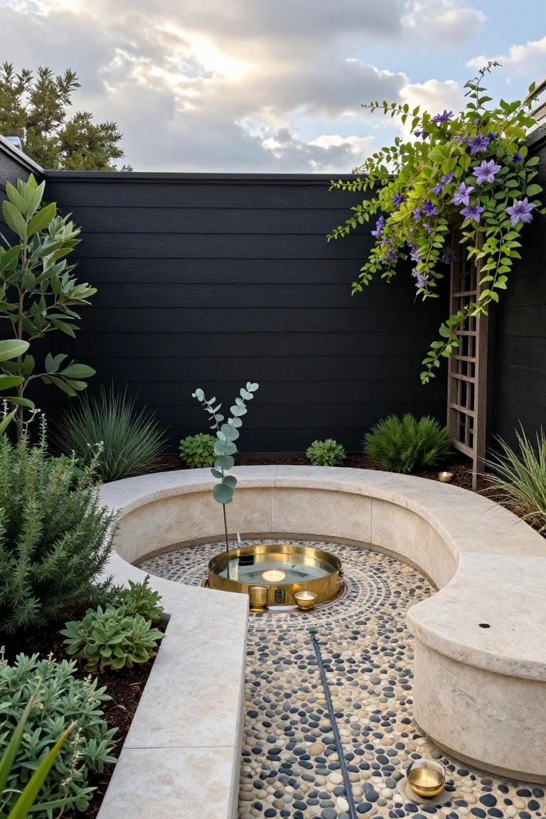 Modern outdoor patio with pebble floor, brass water basin, and lush greenery.