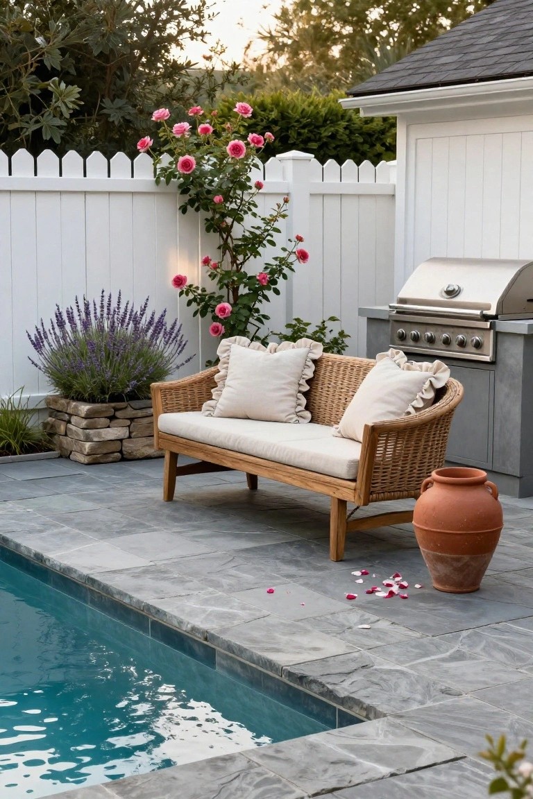 Wicker loveseat with white ruffled cushions on slate pavers next to a rectangular inground pool edge, with a stainless steel barbecue grill, terracotta pot, stone planter of lavender, climbing pink roses on white picket fence, and scattered rose petals on the ground.