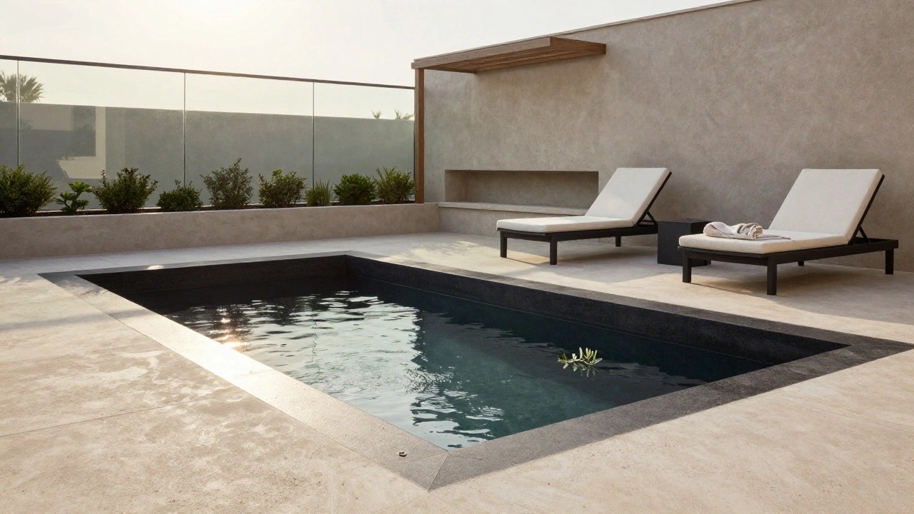 A rectangular inground pool with black tile coping on a light stone deck, two gray loungers with cushions positioned nearby, surrounded by low greenery and a textured wall at sunset.