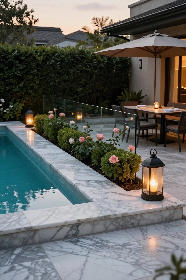 Rectangular inground pool with white marble surround and edging, lined with boxwood shrubs and pink roses in planters, next to glass railing, outdoor dining table, beige umbrella, and black lanterns at dusk.