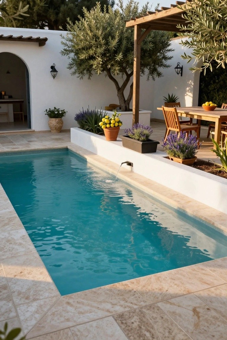 Narrow rectangular inground pool with turquoise water and wall-mounted fountain spillover, adjacent to white stucco walls, wooden dining table with chairs under pergola, potted plants including lavender and olive trees on travertine decking.