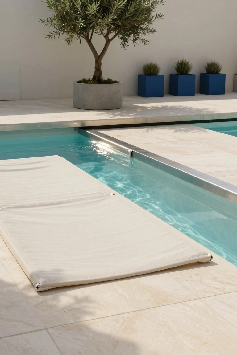 Narrow rectangular inground pool with stainless steel edging adjacent to a white fabric sun lounger on beige tiled pool deck, with blue square pots of grasses, a concrete olive tree planter, and white wall backdrop.