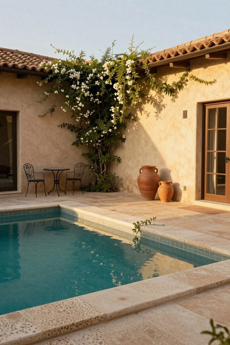 Beige stucco exterior wall covered in white climbing flowers next to a rectangular turquoise inground pool with stone tile decking, black wrought-iron bistro table and two chairs, and two large terracotta pots on a tiled patio.