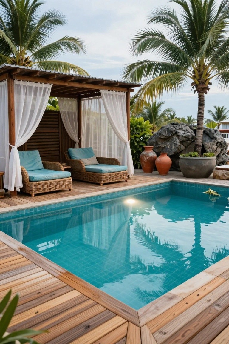 Rectangular turquoise-tiled inground pool with wooden decking, adjacent open wooden cabana featuring white sheer curtains, blue cushioned rattan lounge chairs, potted plants, rocks, and surrounding palm trees.