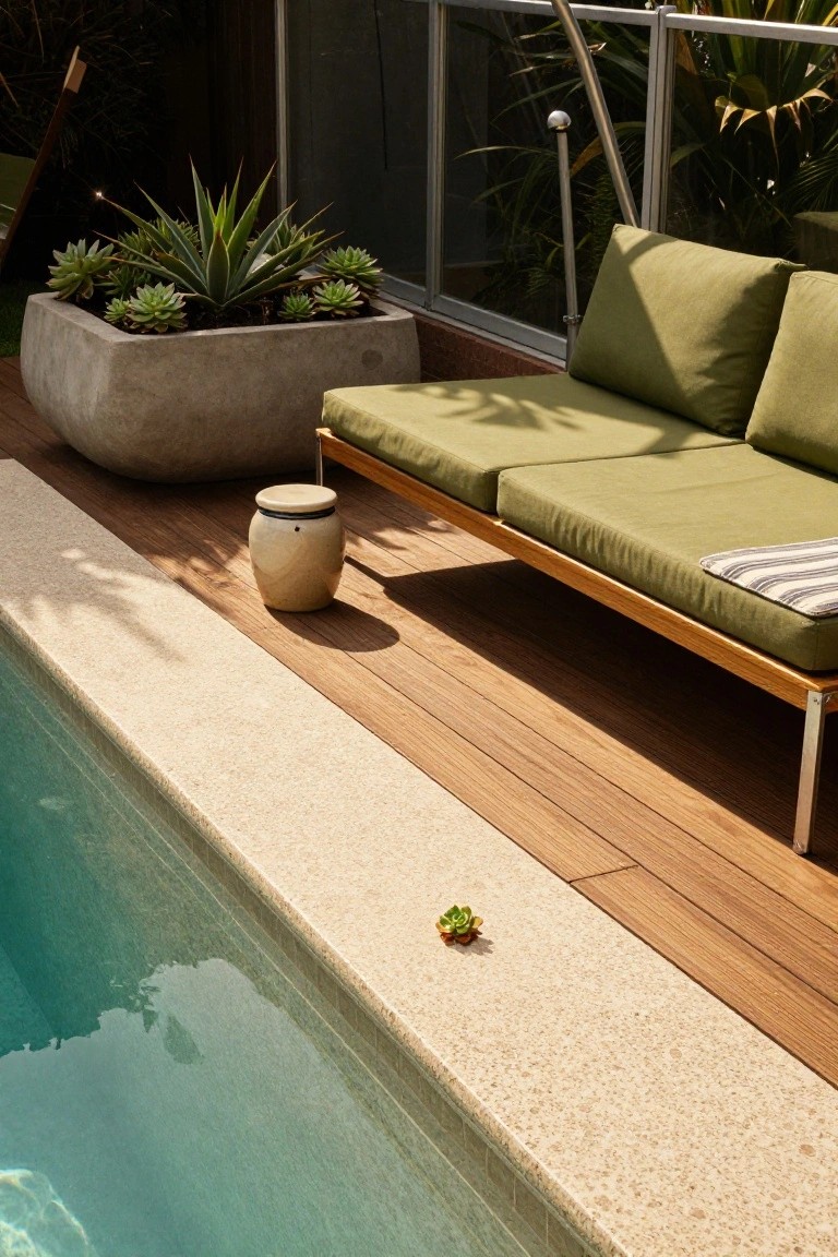 Wooden deck beside a turquoise rectangular inground pool features a low green modular sofa with cushions, a beige ceramic stool, potted succulents, and glass fencing nearby.