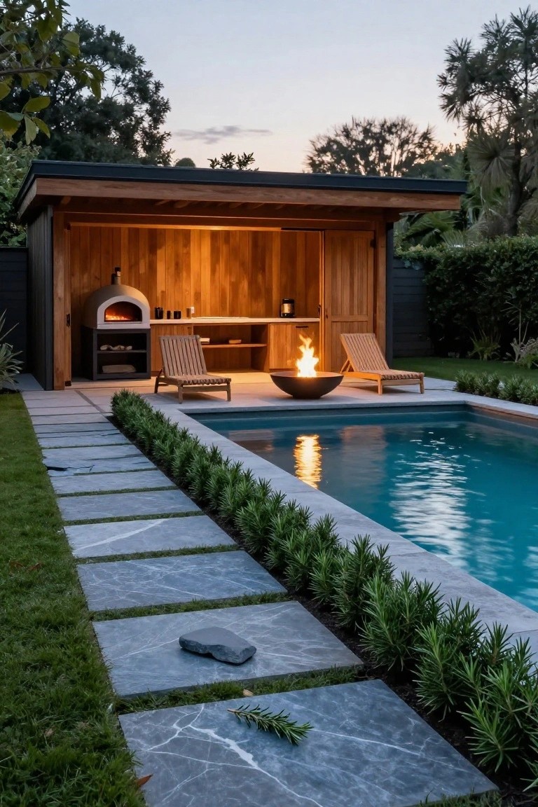 Rectangular inground pool with turquoise water, bordered by low green hedges and gray stone pavers, next to a dark wood open pavilion containing a pizza oven, fire bowl, lounge chairs, and countertop.