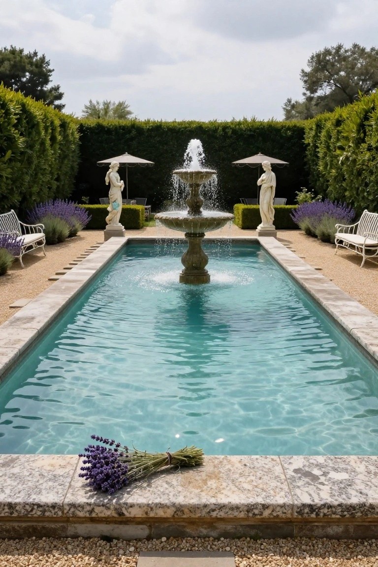 Rectangular inground pool with central stone fountain spraying water, flanked by white classical statues, lavender plantings, benches under umbrellas, and tall green hedges enclosing the area.