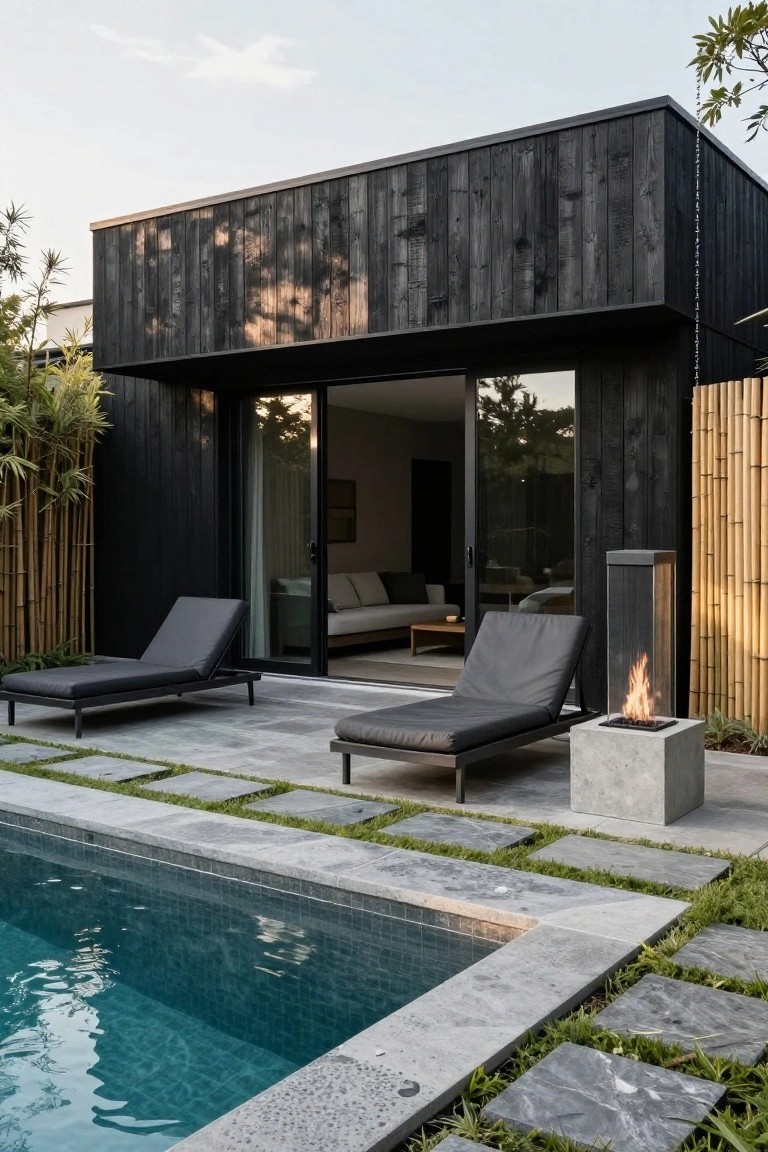 Black timber-clad modern house with sliding glass doors open to a terrace holding two grey lounge chairs, a cubic concrete fire pit with flames, and a rectangular blue mosaic-tiled inground pool edged by grey pavers separated by grass strips and bamboo screens.