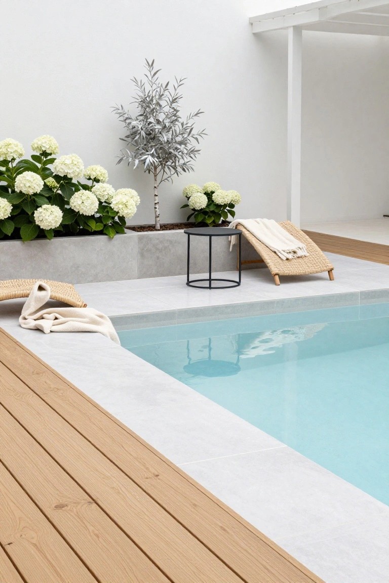 A small rectangular inground pool with white tile edges and light gray concrete surround, featuring rattan chaise lounges with white throws, a black metal side table, raised concrete planters with white hydrangeas and a silver-leafed tree, adjacent to light wood decking and a white wall.