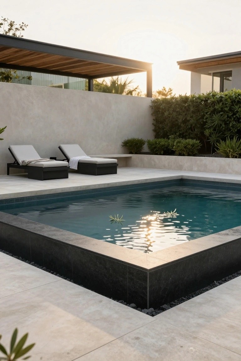 A rectangular inground pool with black tile coping on a light stone deck, two gray loungers with cushions positioned nearby, surrounded by low greenery and a textured wall at sunset.