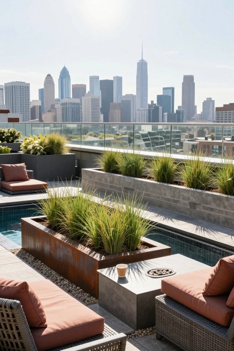 Rooftop terrace with rectangular inground pool surrounded by tall grasses in rectangular metal planters, lounge chairs on pebble patio, low table with fire pit, and city skyline view.