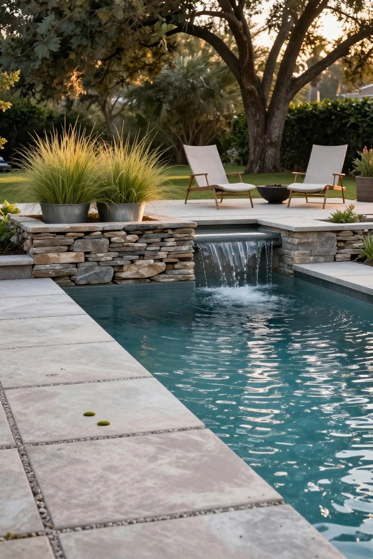 Narrow rectangular inground pool with water cascading from a raised stacked stone wall into the turquoise water, adjacent tiled patio with two lounge chairs, metal fire bowl, potted grasses, and surrounding trees and shrubs.