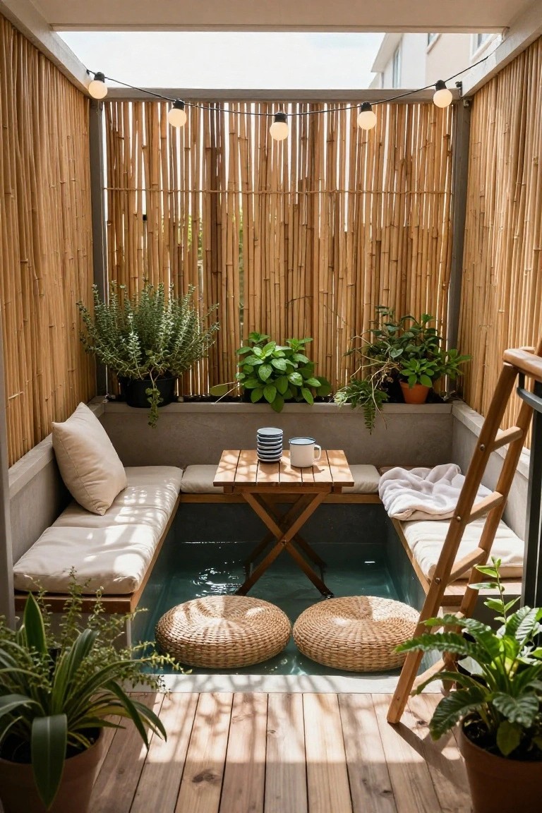 A shallow rectangular pool with water on a balcony, surrounded by concrete built-in benches with beige cushions, a wooden folding table with cups, straw poufs in the water, potted plants, bamboo privacy screens, and string lights overhead.