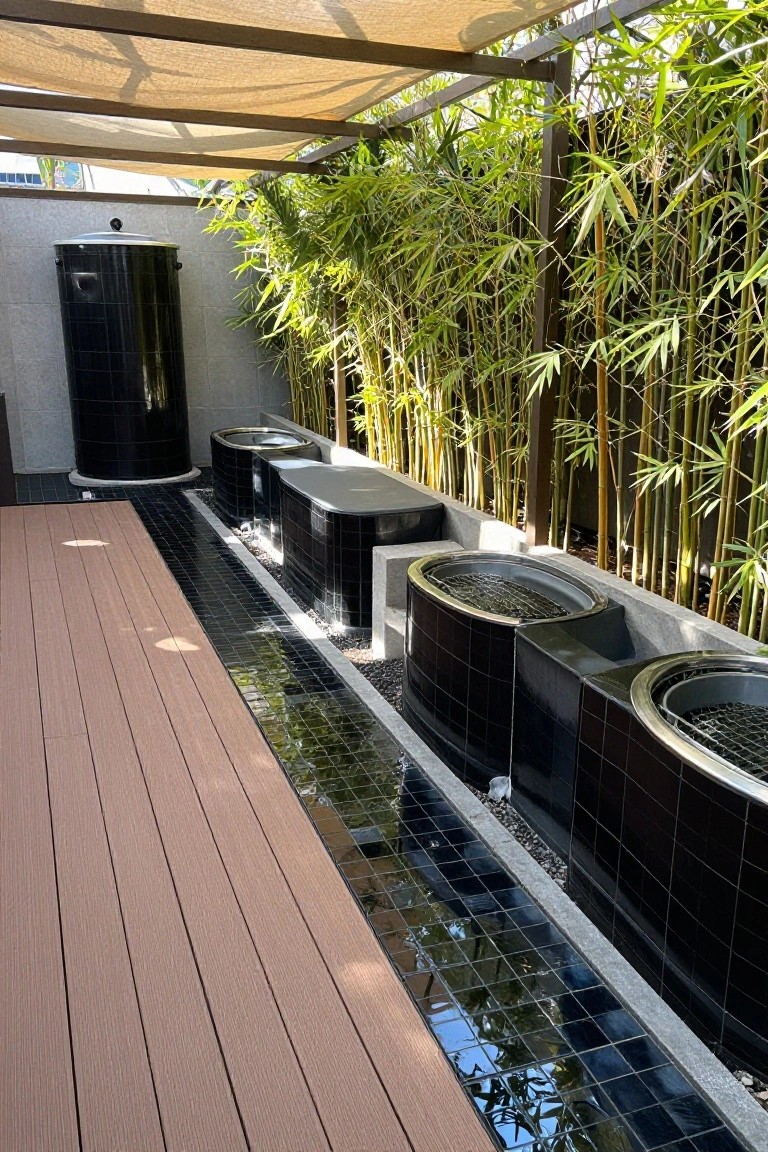 Wooden deck patio featuring black cylindrical grill basins with metal grates, a parallel black-tiled water channel, gray concrete edging, green bamboo screening, and a beige fabric shade canopy overhead.