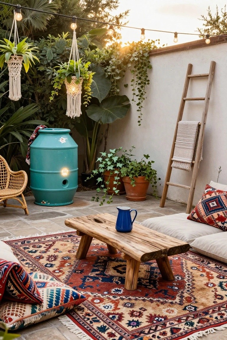 Turquoise plastic stock tank next to rattan chair on tiled patio with low wooden table, colorful rug, cushions, potted plants, hanging string lights, macrame planters, wooden ladder with towel, and ivy-covered white wall.