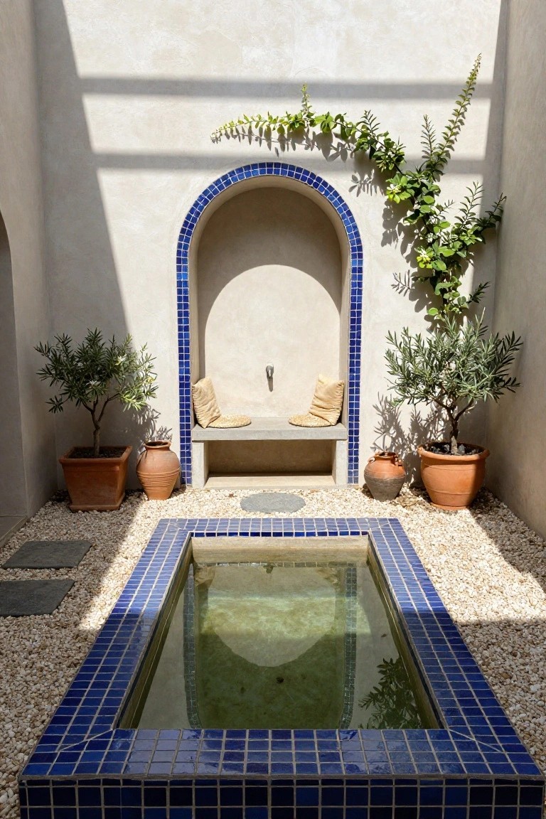 Sunlit courtyard featuring a small rectangular blue-tiled pool surrounded by white pebble gravel, potted olive trees in terracotta pots, a stone bench with cushions under a blue-tiled arch, and climbing vines on pale stucco walls.