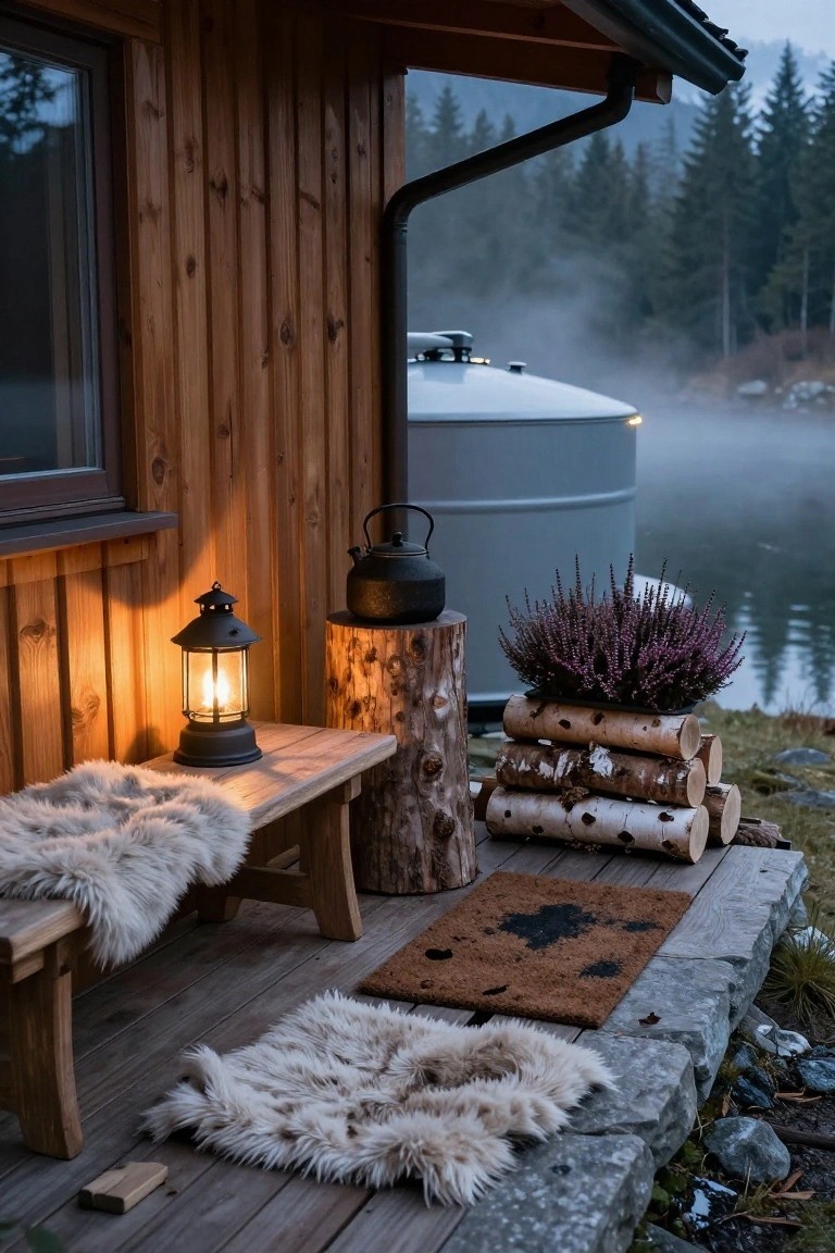 Wooden cabin porch featuring a bench covered in sheepskin rugs, a lit lantern, black teapot on a stump, stacked birch logs, purple heather plant, silver cylindrical hot tub tank steaming by a misty lake with forest background.