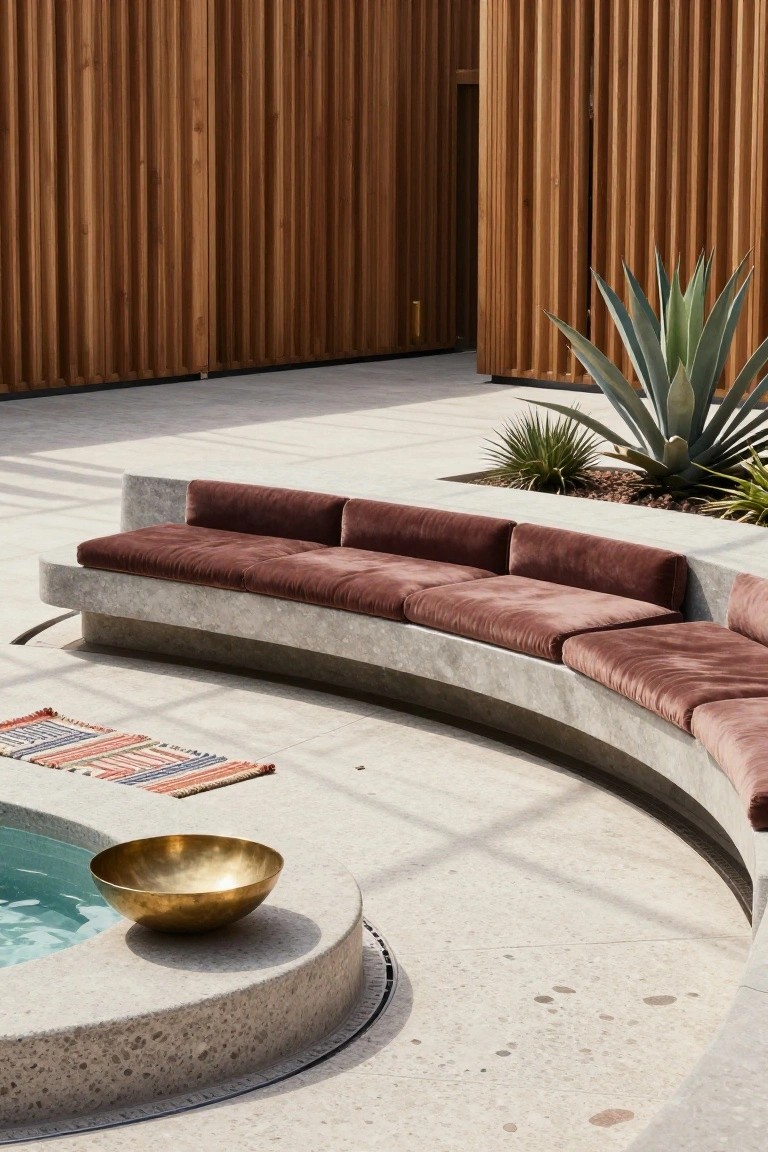 Curved concrete bench with rust velvet cushions beside a small pool.