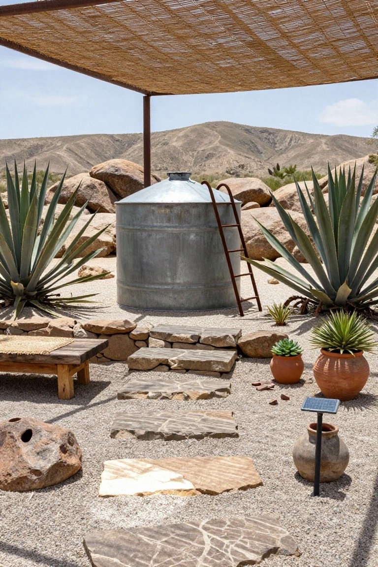 Large galvanized metal stock tank with ladder under a thatched pergola in a desert yard, surrounded by agave plants, boulders, gravel, stone paths, wooden bench, terracotta pots, and distant mountains.