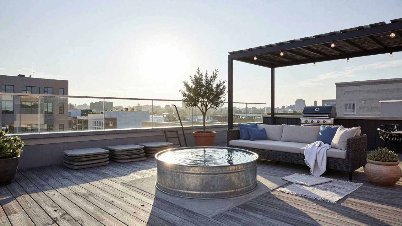 Rooftop terrace with a round galvanized metal stock tank filled with water as a pool on a concrete base, surrounded by rattan lounge chairs and sofa, potted plants, olive tree, barbecue grill, and glass railing overlooking city buildings.