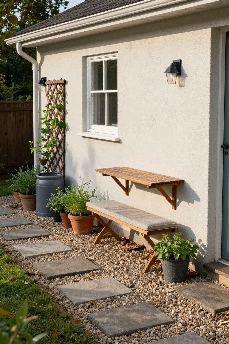 White stucco house wall with blue door and white window, outdoor lantern light, wooden wall-mounted bench with beige cushion, potted plants including herbs in terracotta and black pots, gray plastic barrel, ivy trellis, gravel ground cover, and irregular gray stone stepping path.