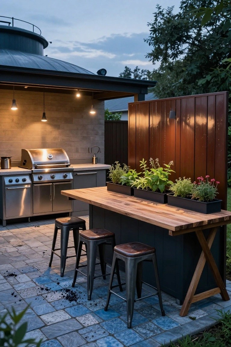 Outdoor kitchen under a covered pavilion with stainless steel grill, wooden bar counter holding black planters of herbs, metal and leather bar stools, wood slat privacy screen, and blue-gray paver patio at dusk.