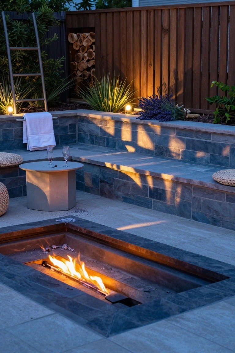 Outdoor patio at dusk with linear fire pit burning in stone surround, adjacent slate steps holding woven poufs and hexagonal table with wine glasses, white towel on rail, plants, wood stack, ladder, and wooden fence.