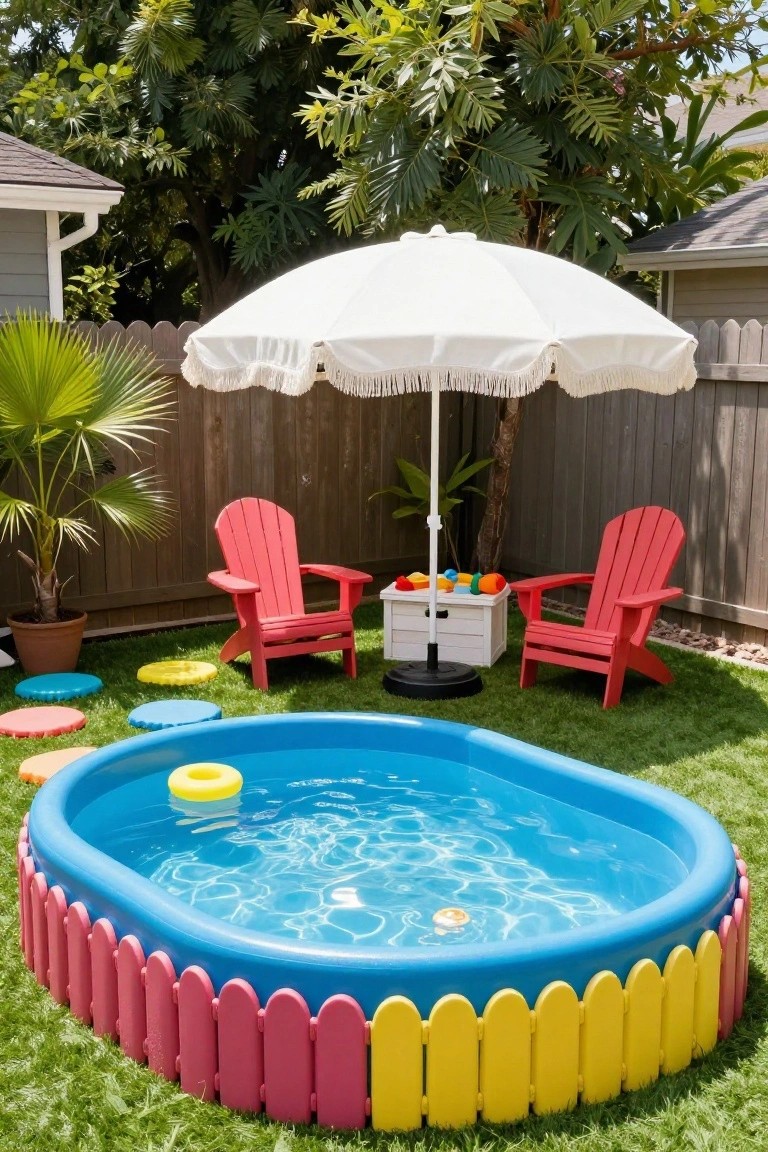 Small blue inflatable pool with red, yellow, and pink plastic picket fence walls in a grassy backyard, next to two red Adirondack chairs under a white fringed umbrella, with toys and stepping stones nearby.