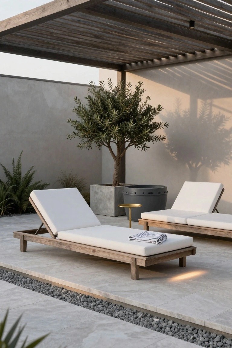 Two adjustable wooden chaise lounges with white cushions on a light stone patio under a slatted wooden pergola, with a small round brass side table, large olive tree in gray concrete pot, and pebble edging.