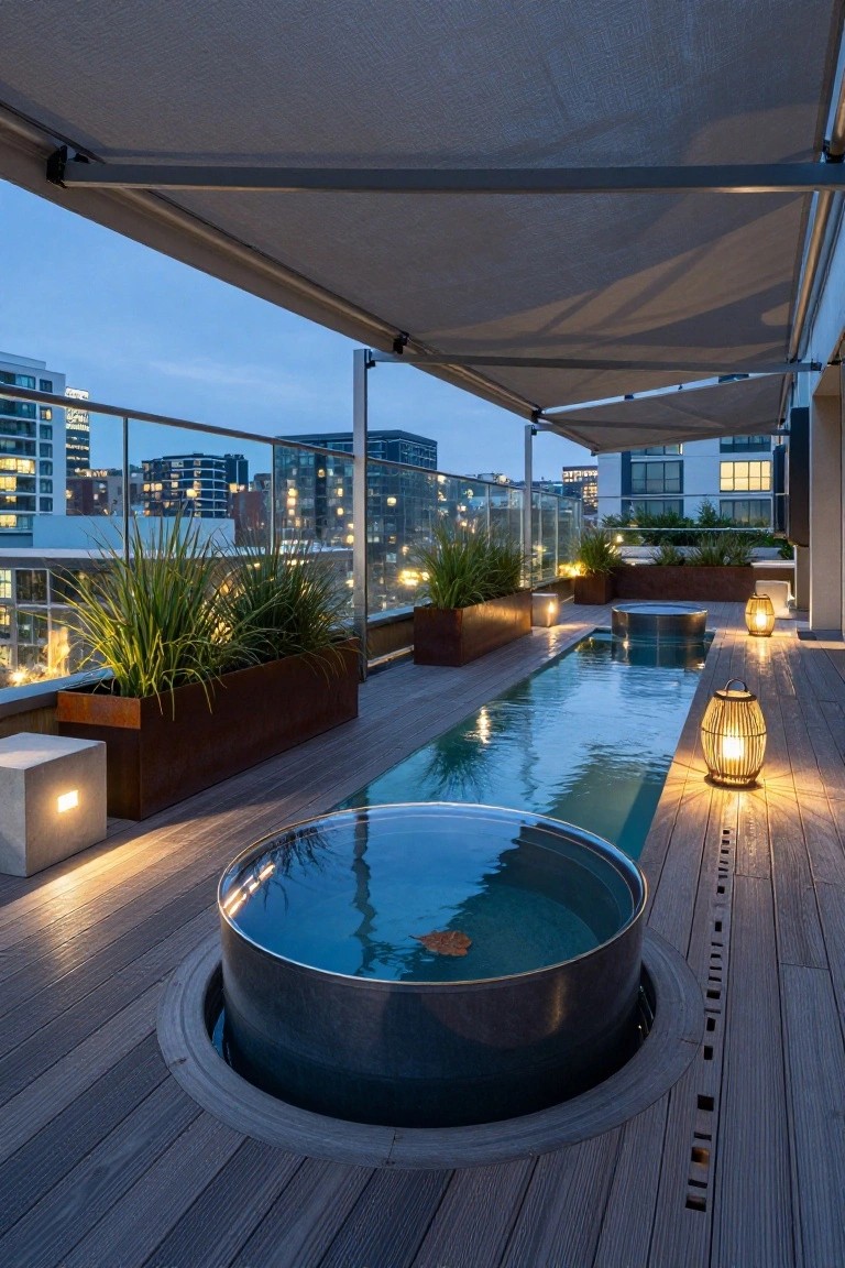 Rooftop terrace at dusk with narrow rectangular pool, circular metal hot tub sunk into wooden deck, corten steel planters with tall grasses, lanterns, and glass railing overlooking city buildings.