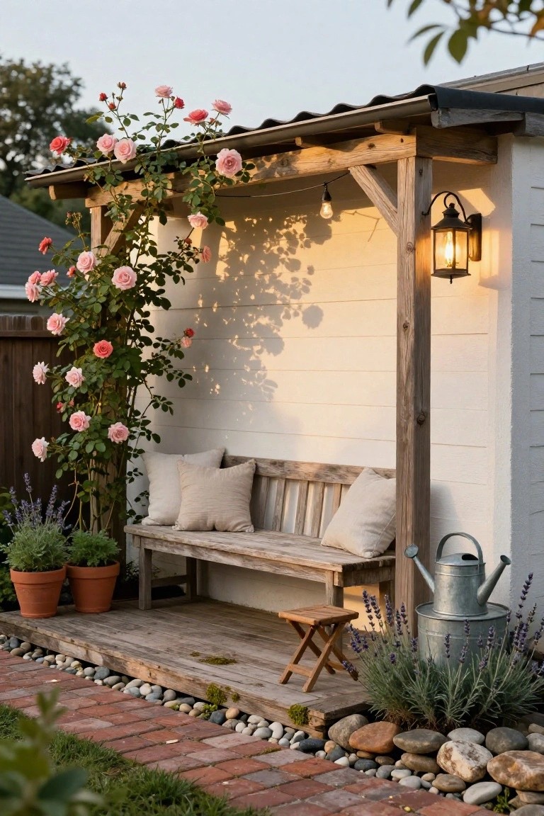 Wooden bench with beige pillows on a covered porch structure draped in pink climbing roses against a white vertical board wall, with potted lavender plants, metal watering can, lantern light, small stool, and gravel path edged in rocks.