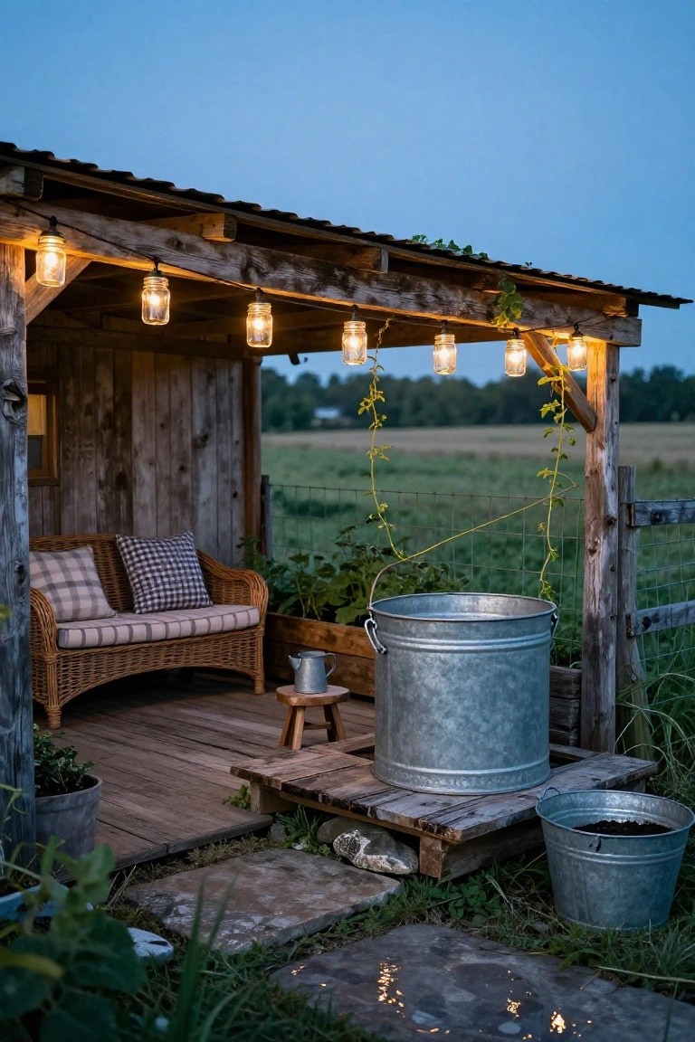 Rustic wooden porch shelter with hanging mason jar string lights, wicker loveseat with checkered cushions, small wooden stool, metal teapot, large galvanized metal tub elevated on wooden pallets, smaller metal buckets with plants, and surrounding garden at dusk.