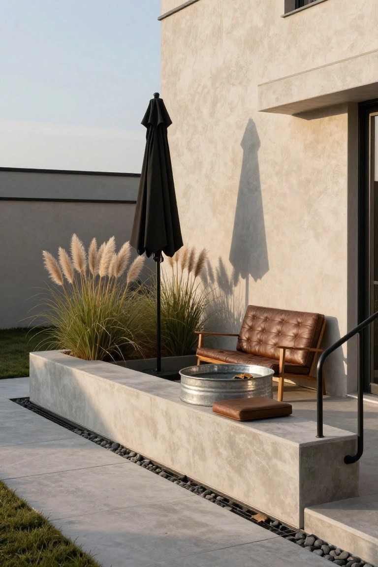Modern beige stucco house wall with concrete porch, black cantilever umbrella, pampas grass in raised concrete planter, brown leather loveseat, galvanized metal stock tank used as side table with leather cushion and wooden stool nearby, concrete steps and pebble-lined pathway.