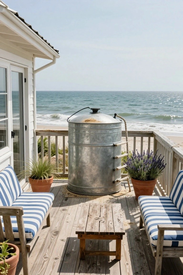 Beachfront wooden deck with metal barrel, striped chairs, and ocean view.