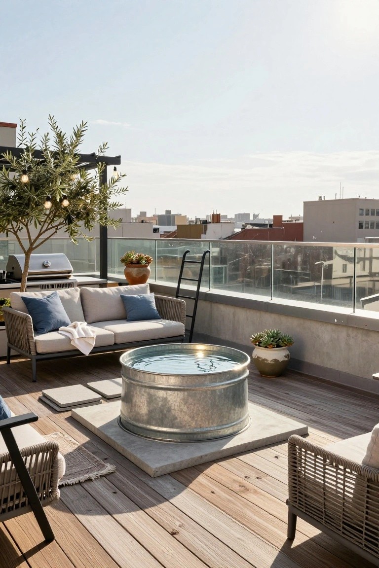 Rooftop terrace with a round galvanized metal stock tank filled with water as a pool on a concrete base, surrounded by rattan lounge chairs and sofa, potted plants, olive tree, barbecue grill, and glass railing overlooking city buildings.