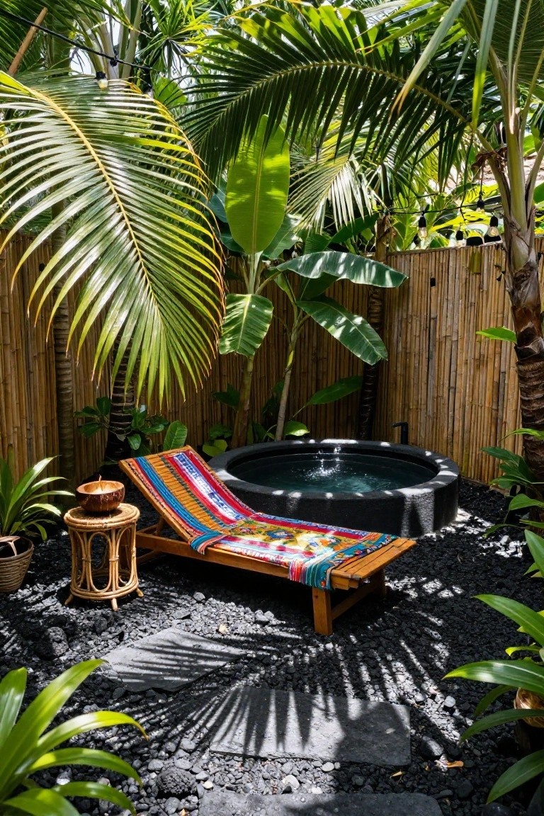A circular black stock tank pool in a tropical outdoor garden with palm trees, banana plants, bamboo fencing, black pebble groundcover, and a colorful striped lounge chair nearby.