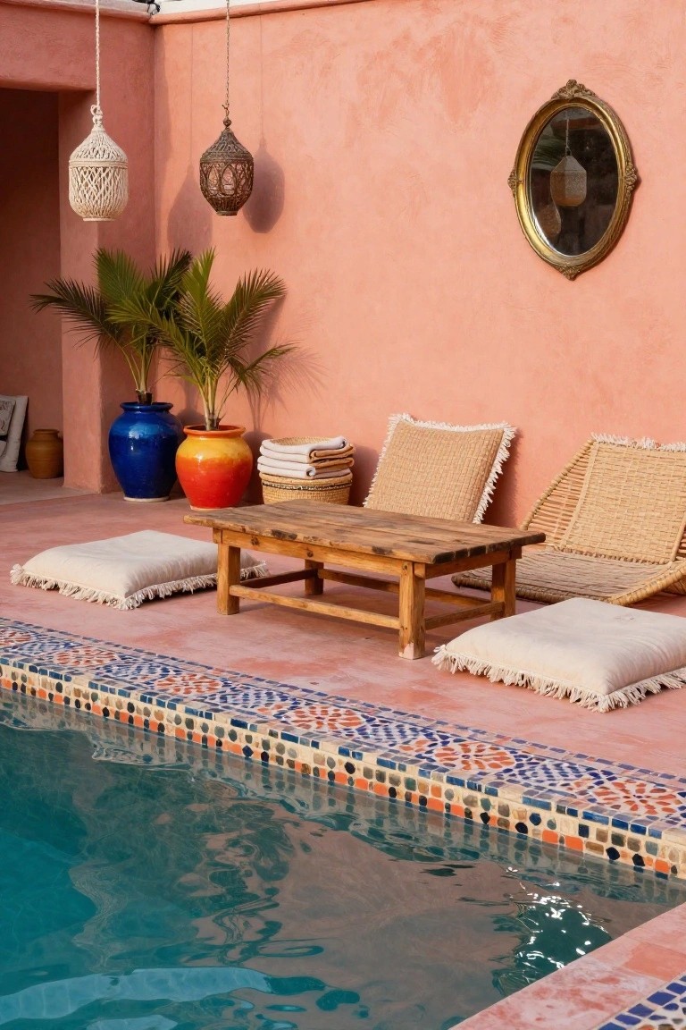 Poolside outdoor seating area with wooden table, rattan chairs, floor cushions, potted plants, hanging lanterns against a pink wall, and a turquoise pool edged in colorful mosaic tiles.