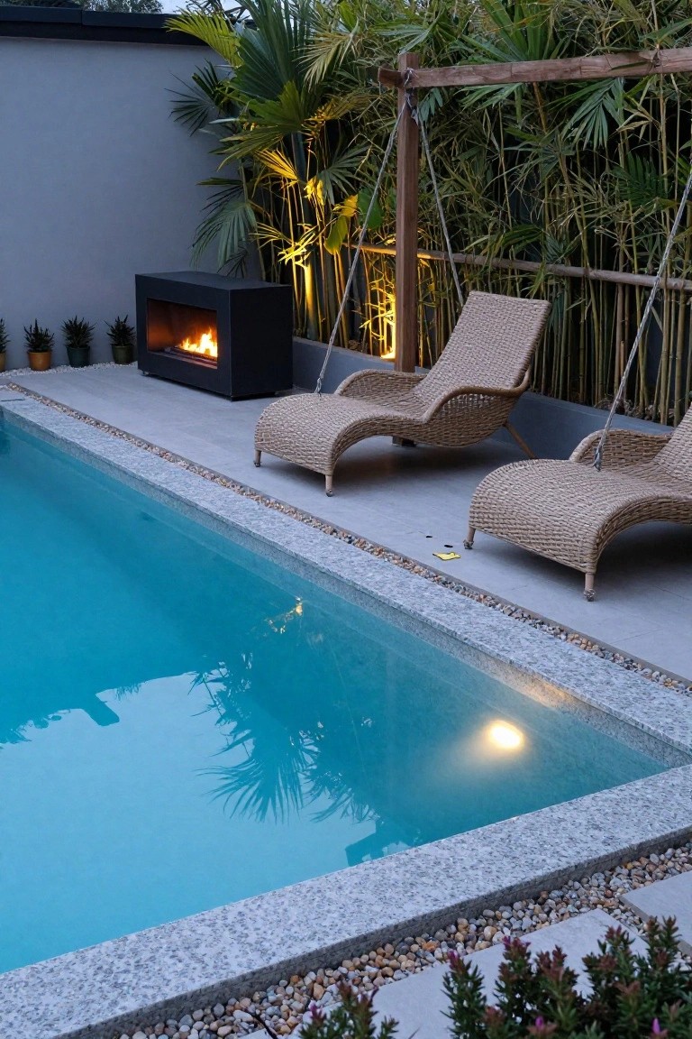 Light gray tiled pool deck with pebble borders and granite coping, two woven loungers, black gas fire pit with flames, tropical plants and bamboo fence beside turquoise pool water in evening light.