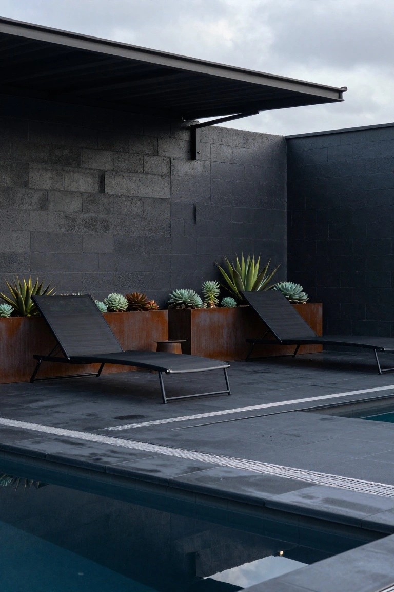 Pool area with dark gray deck tiles, two black mesh loungers on large rust-toned planters filled with succulents and agave plants, dark block walls, a metal canopy overhead, and an in-ground pool with dark blue water under overcast skies.