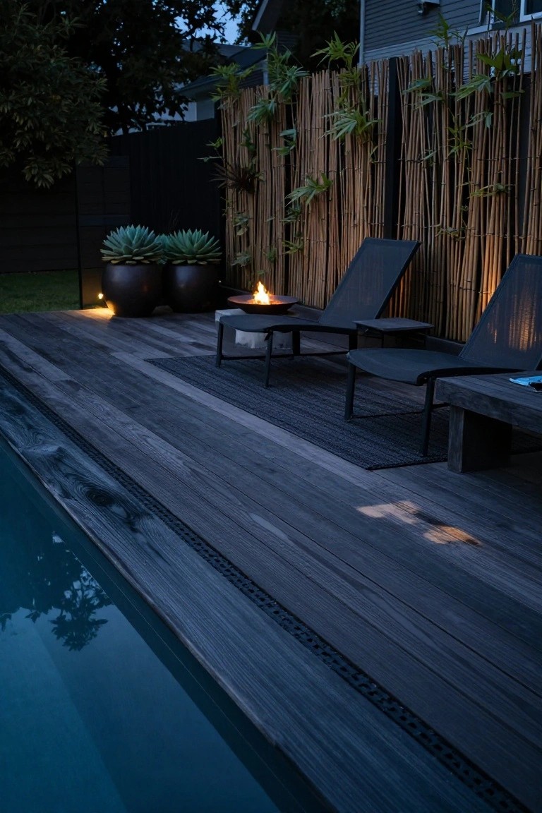 Wooden pool deck with dark stain at dusk, lounge chairs, fire pit table, bamboo screen fence, potted agave plants, and edge of lit blue pool.