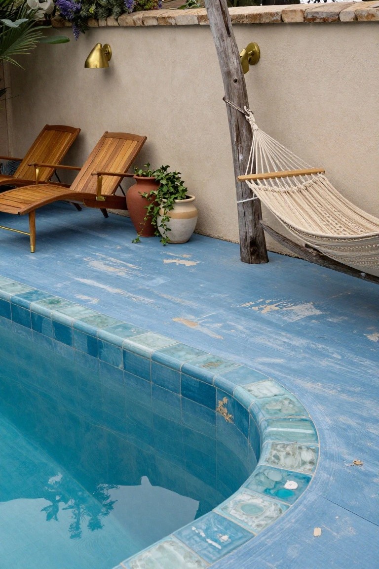 Poolside scene with blue deck, turquoise tiles, hammock, and wooden lounge chairs.