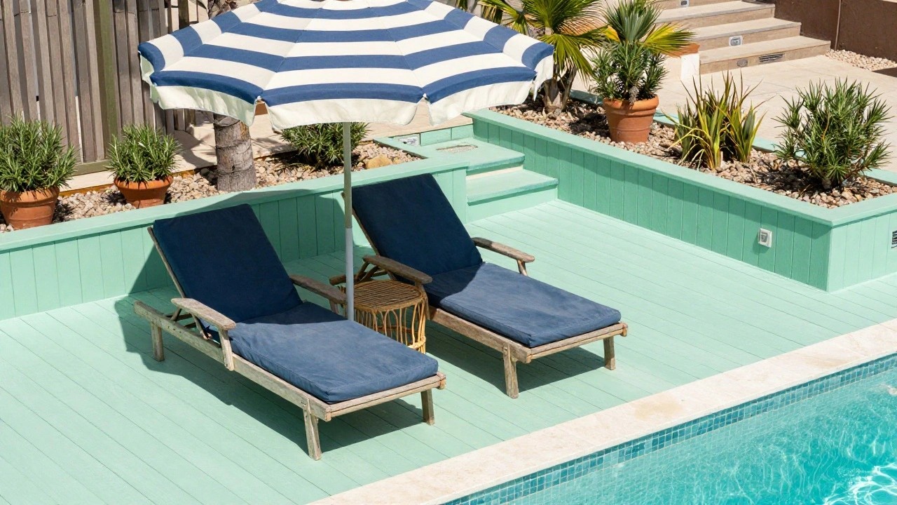 Light wood decking bordering a turquoise tiled pool with two navy lounge chairs, a rattan side table, potted plants, a white striped beach umbrella, and a mint green fence nearby.