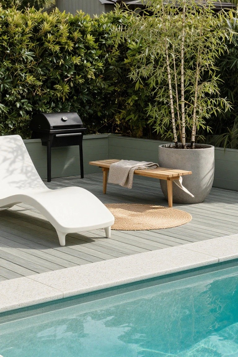 Modern patio with white lounge chair, grill, bench, and poolside bamboo planter.
