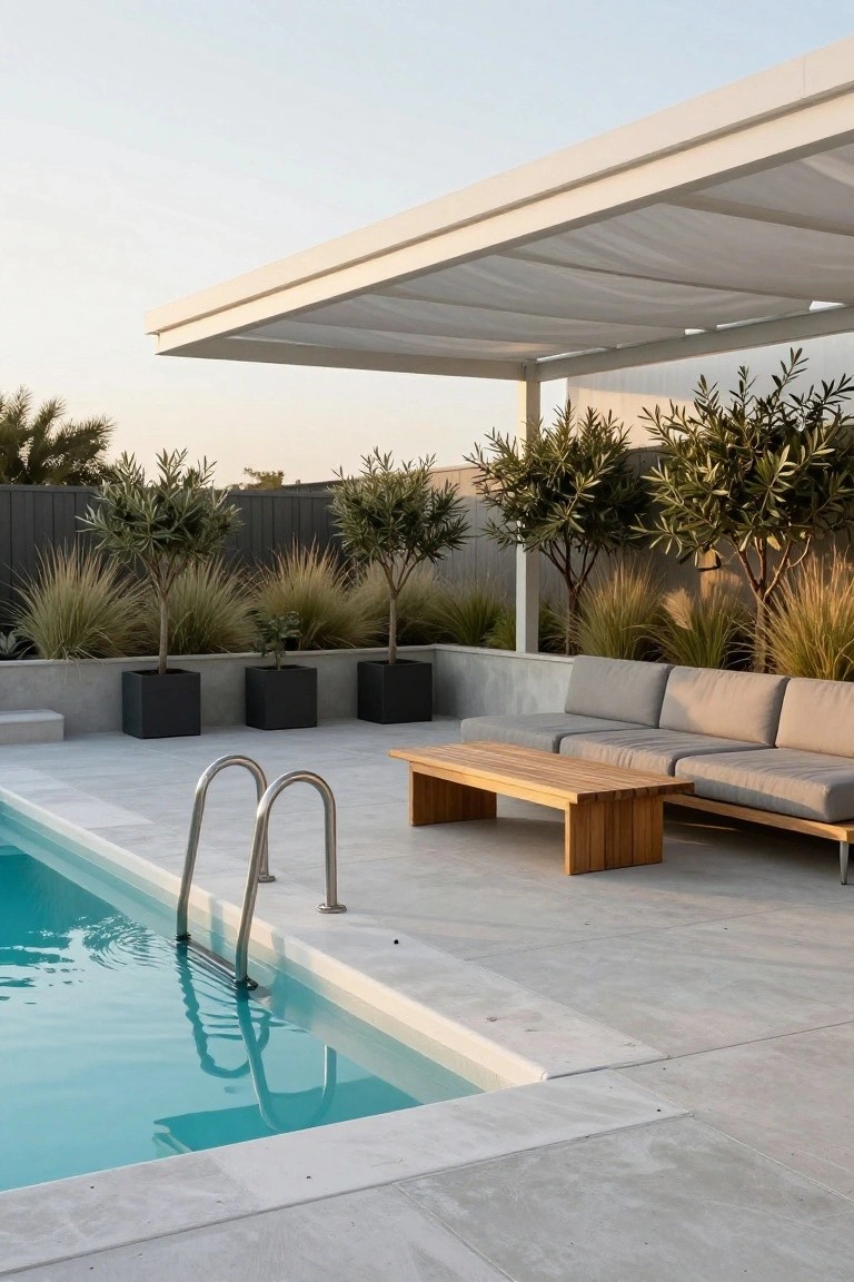 Poolside deck in light gray concrete with turquoise water, stainless steel ladder, wooden coffee table, gray outdoor sofa, black planters with olive trees and grasses, and white fabric-covered pergola overhead.
