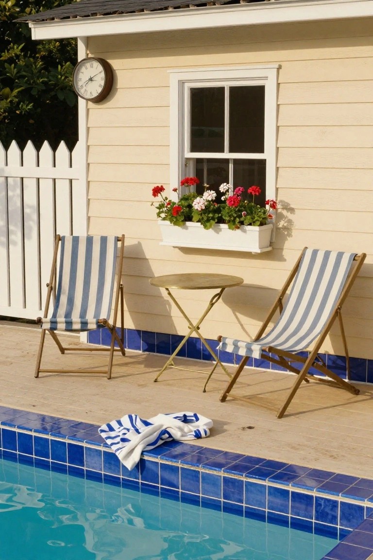 Beige wooden pool deck with two blue-striped lounge chairs and a small round metal table beside a light yellow pool house featuring a window flower box of red geraniums, white picket fence, and edge of blue-tiled swimming pool with striped towels draped nearby.