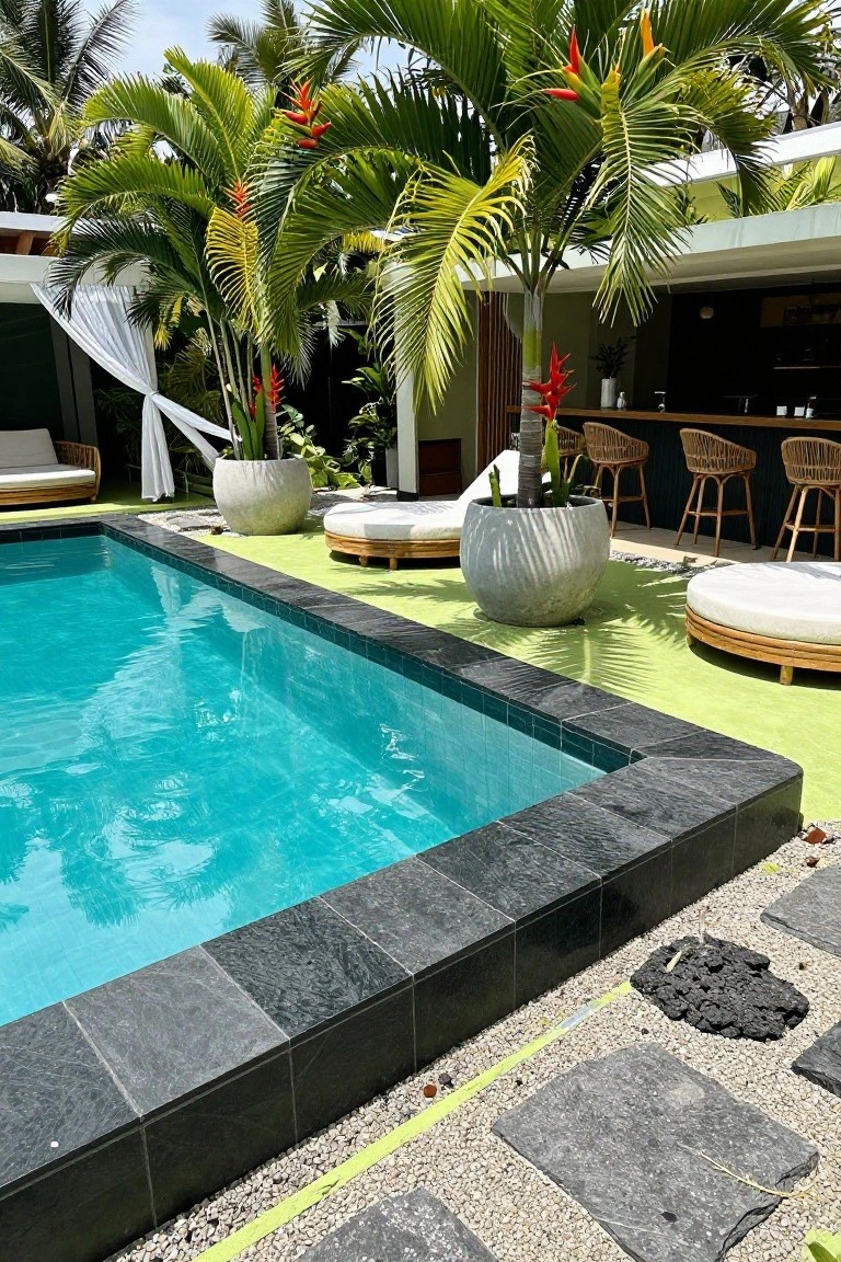 Turquoise rectangular pool with black stone tile edging on lime green painted deck surface, surrounded by potted plants, white lounge seating, woven bar stools, and tropical palm trees.