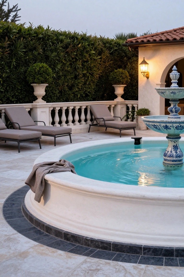 Light beige stone pool deck with black tile edging around a circular turquoise fountain featuring blue-and-white porcelain basin, two beige lounge chairs nearby, white balustrade, and tall green hedges in the background.