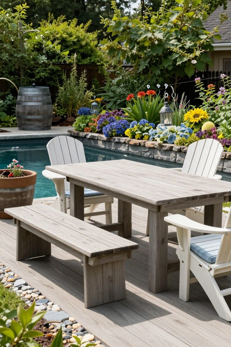 Light gray wooden deck beside a rectangular pool with white Adirondack chairs, a wooden table and bench, potted plants in the pool, and colorful flower beds along a stone wall.